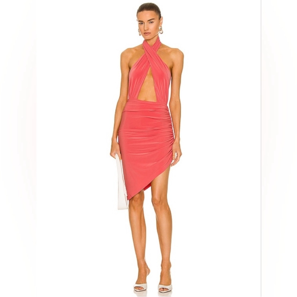 NWT Norma Kamali Womens Cross Halter Side Drape Ruched Papaya Mini Dress Size L